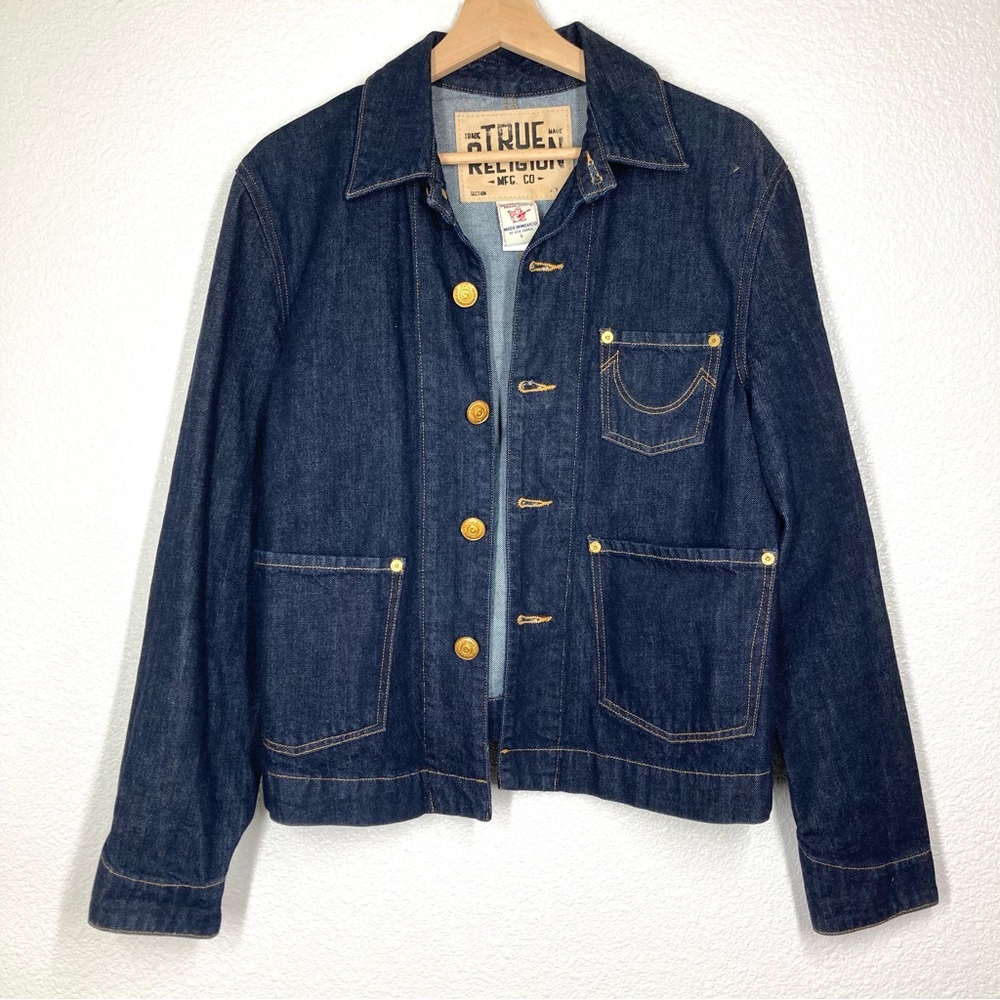 True Religion Denim Jacket Womens Large Button Up Collared Trucker Dark Wash